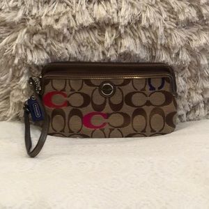 coach brown and tan wristlet wallet
